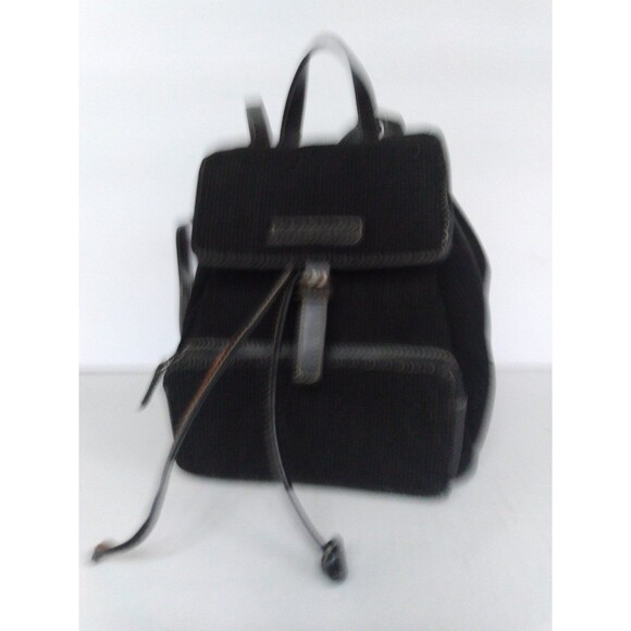 Vintage Black Corduroy Mini Backpack with Leather Trim Drawstring Casual Daypack - Picture 6 of 7